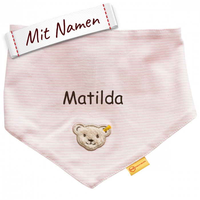 Steiff Halstuch personalisiert mit Namen für Mädchen, Rosa Jersey, Bestickt für Babys, Dreieckstuch