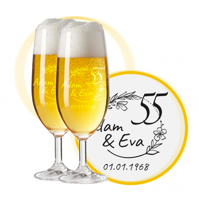 LEONARDO Biergläser mit Gravur zum 55. Hochzeitstag / Platinhochzeit, Pils Biertulpe, Blütenträume