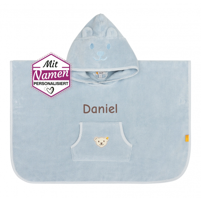 Steiff Badetuch Poncho mit Namen, Blau, bestickt